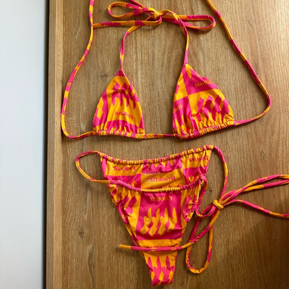 Inamorata Bikini Set with shirt in pink and orange. Tops: small. Bottom: medium.